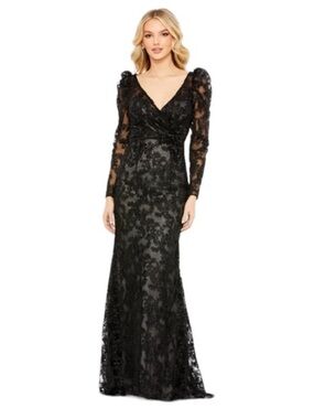 NEW Mac Duggal Illusion Sleeve Sequin Lace Dress Size 6 Black Tie 11324 NWT Gown